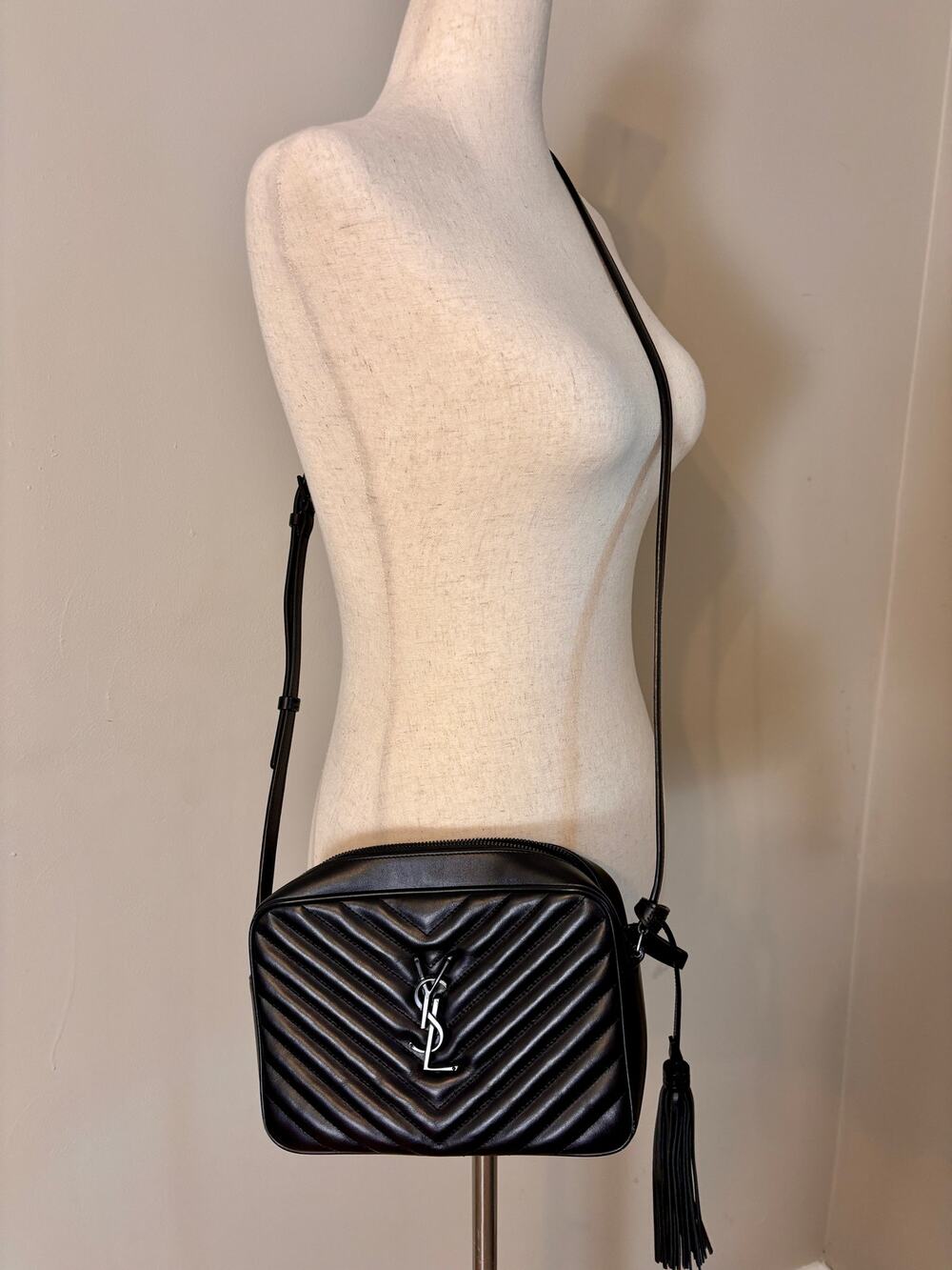 Saint Laurent YSL Lou Camera Bag Black Chevron Leather Silver Tassel Dust Bag